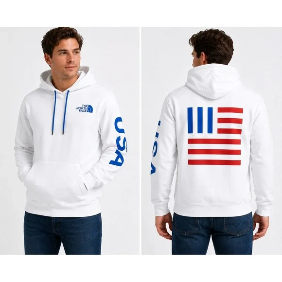 The North Face USA Graphic Hoodie Men's L White Blue Sweatshirt Patriotic