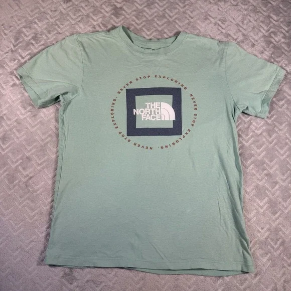 The North Face T Shirt Mens Small Logo Green Never Stop Exploring Tee ***READ