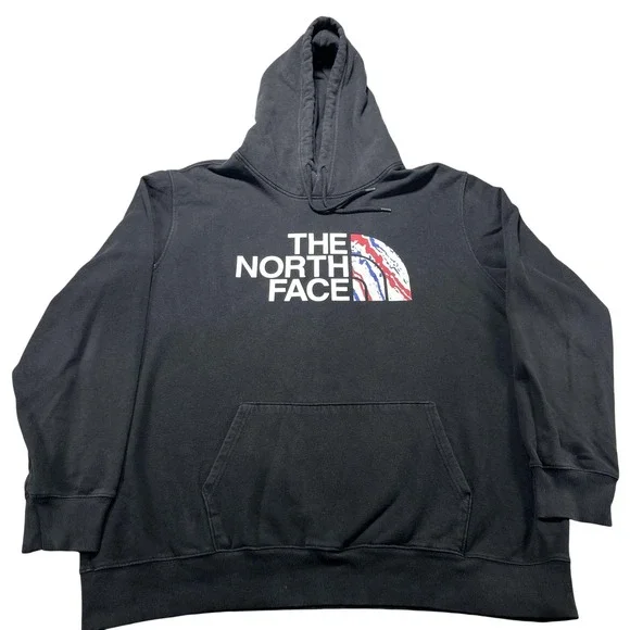 The North Face Hoodie Mens 2XL Black USA Flag Logo Fleece Pullover Sweatshirt