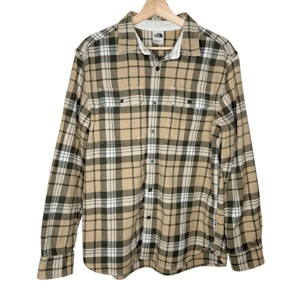 North Face Arroyo Cotton Plaid Flannel‎ Button Down Shirt Olive Green Tan Large