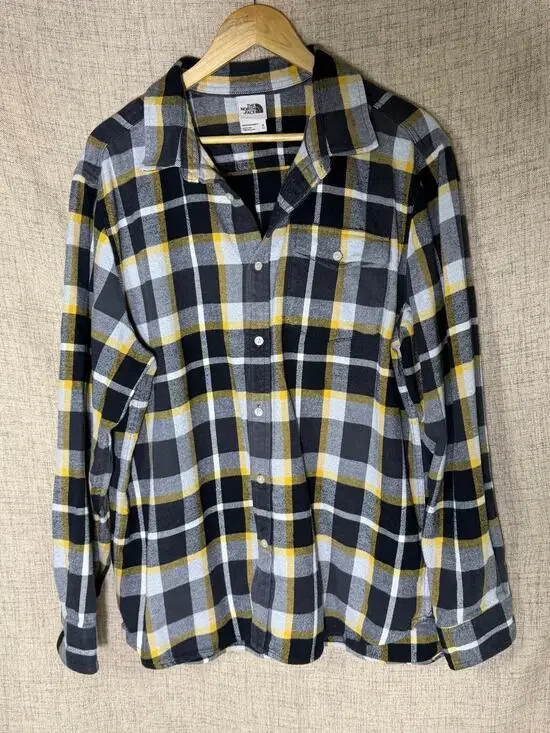 The North Face Flannel Shirt Men's XL Black Yellow Plaid Long Sleeve Button Down