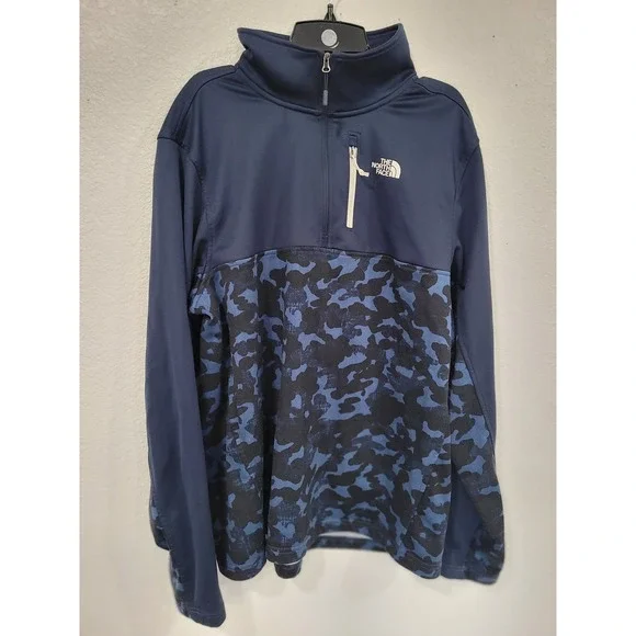 The North Face Mens Quarter Zip Pullover Navy Blue Camo Fleece‎ Lined Large #23