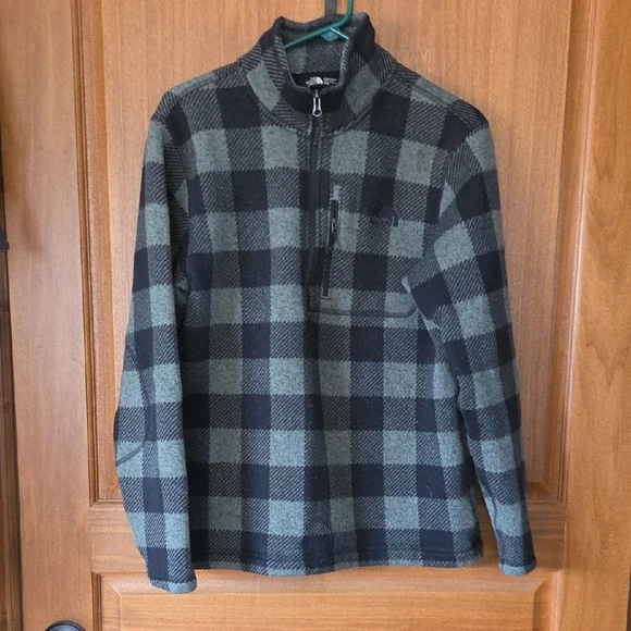 Men's North Face Black And Green Plaid Half Zip Fleece Size Medium Warm Casual