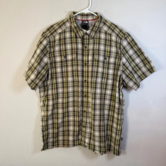 The North Face Mens XL Short Sleeve Plaid Button Down Hiking‎ Shirt Yellow Brown