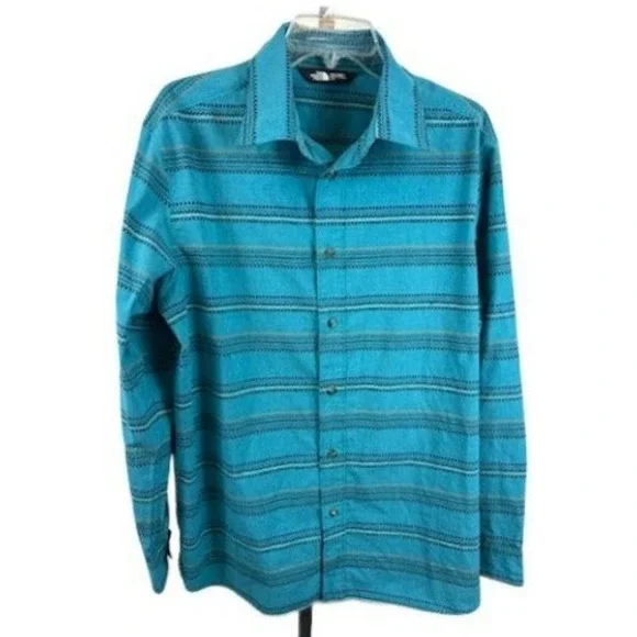 The North Face Men's Size Large Teal Stripe‎ Long Sleeve Button Casual Shirt Top