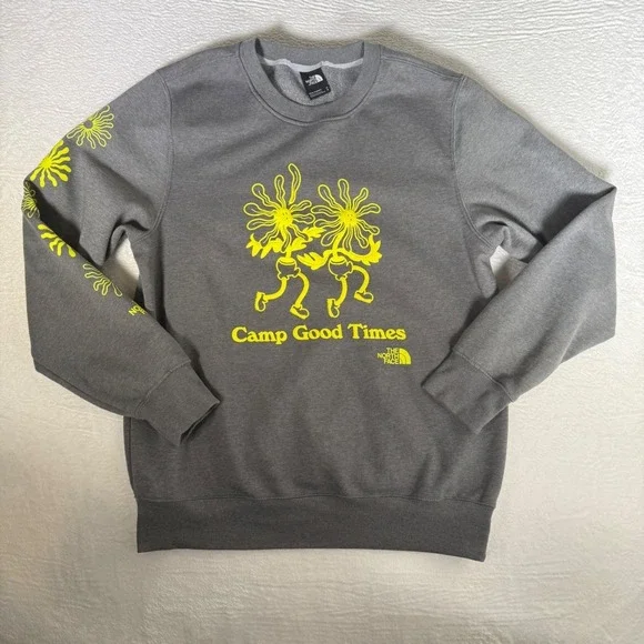 The North Face Camp‎ Good Times Gray Neon Yellow Graphic Crewneck Sweatshirt M