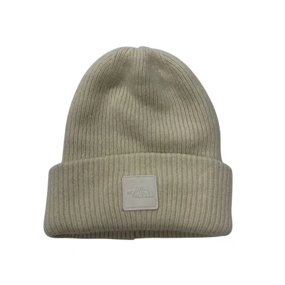 The North Face Urban Patch Beanie Cream Wool Blend Ribbed Cuffed Hat‎ One Size