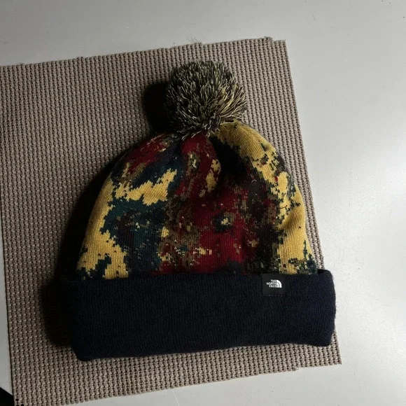 The North Face Beanie Pom Knit Hat Abstract Camo Red Yellow Navy Unisex One Size