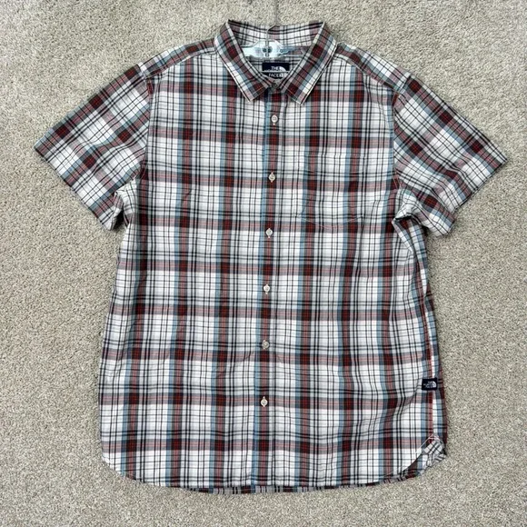 The North Face Button Down Shirt Mens XL White Plaid Short Sleeve Outdoor Hiking