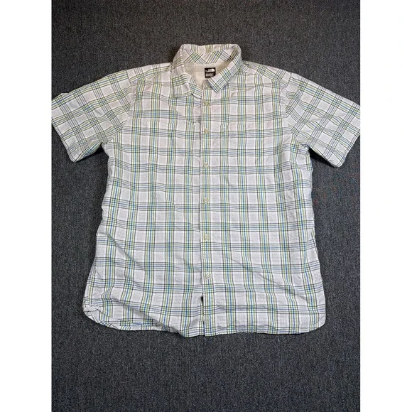 The North Face Mens XL Plaid Short Sleeve Button Up Hiking Shirt Green Blue