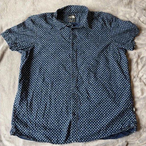 The North Face Mens Shirt Blue Short Sleeve Button Symbols Hieroglyphics XXL