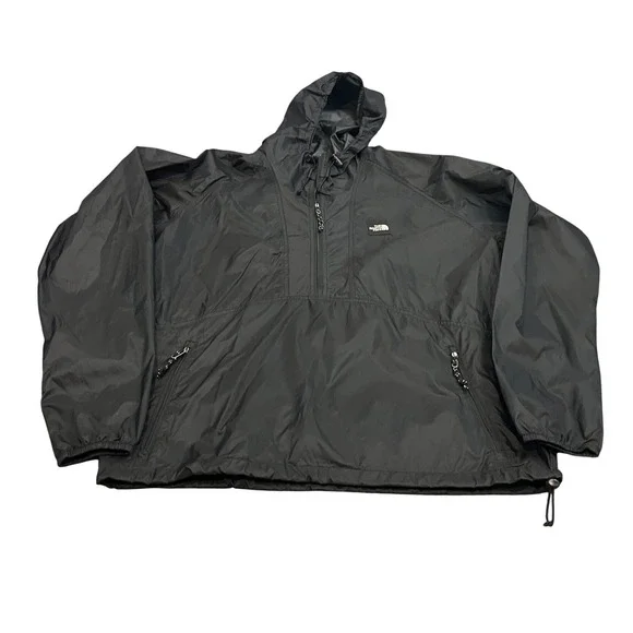 The North Face Anorak Jacket Mens XL Black Windbreaker Hooded Pullover 1/4 Zip