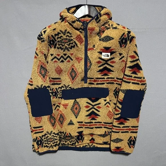 The North Face Jacket Mens XL Yellow Fleece Hooded 1/4 Zip Aztec Print Anorak