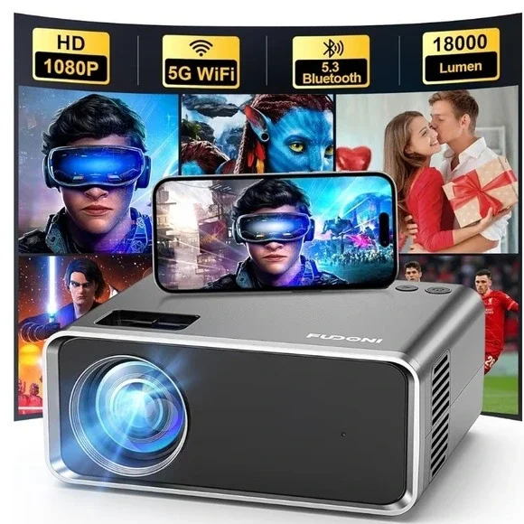 FUDONI Native 1080P Projector 4K Support 18000L WiFi Bluetooth Home Theater Gray