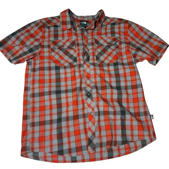 The North Face Orange and Gray Plaid Shirt snaps