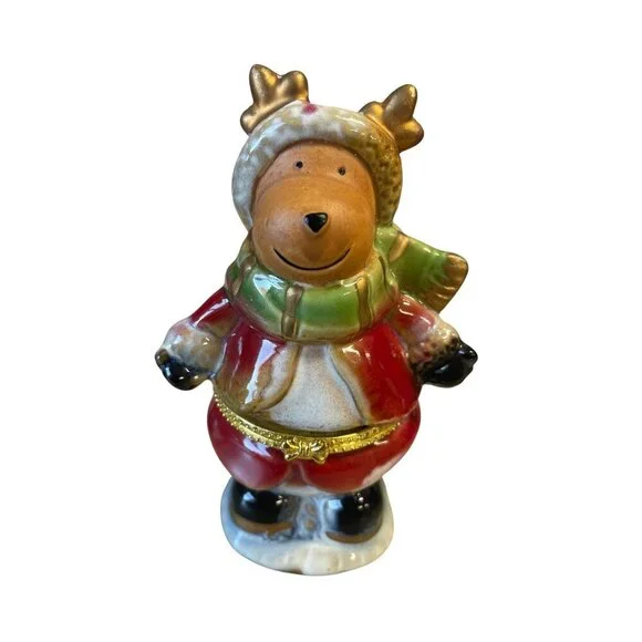Ceramic Reindeer Winter‎ Themed Trinket Box Hinged Gold Accents 4.5