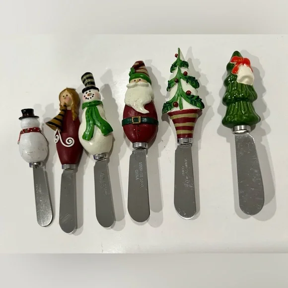 VTG Christmas Set Of 6 Butter/Cheese Spreaders Stainless Steel FlAWED
