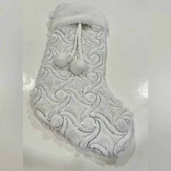 Jeffrey&James Holiday Decor Fluffy White With Silver Sequins Christmas Stocking
