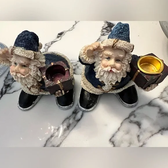 Set of 2 Santa Claus Green/Tan Figurines/Candle Holders FLAW