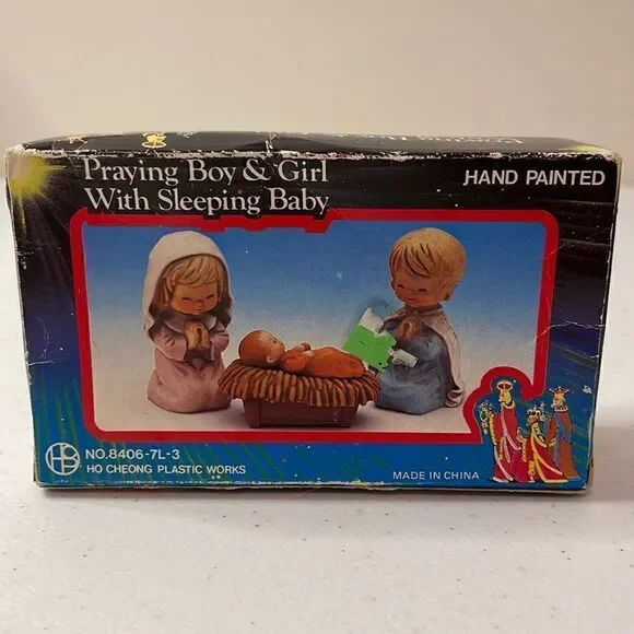 Vintage Handpainted Enesco Praying Boy and Girl with sleeping baby original box