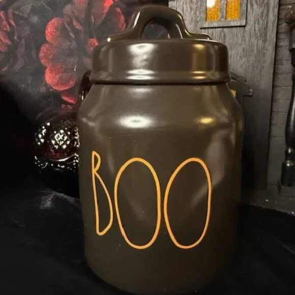 Rae Dunn BOO Halloween Black Canister Orange Letters Artisan Collection NWT