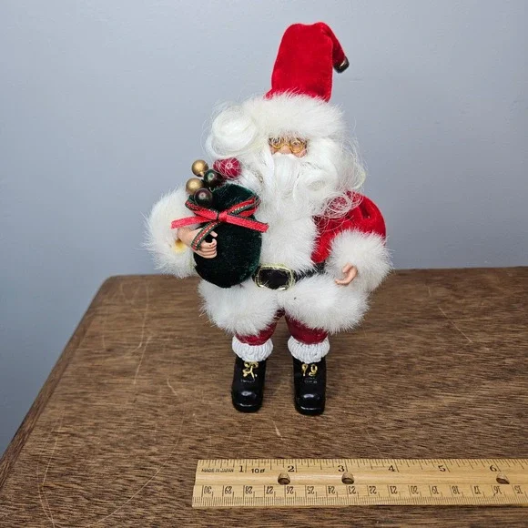 Santa Claus Figurine Porcelin Face Red Velvet‎ Suit Fur Trim Jingle Bell 7