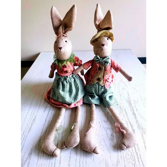 Easter Spring Bunny Couple‎ Stuffed Figurines Green Pink Floral Fabric Decor 2pc