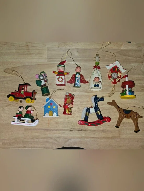 Set Of 12 Vintage Wooden Christmas Ornaments