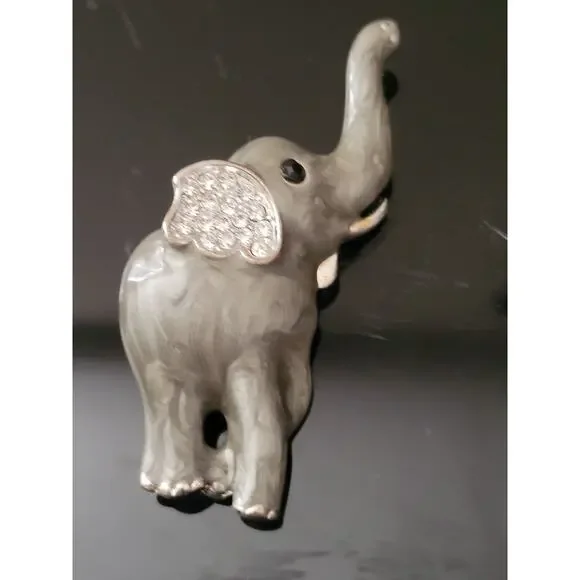 Gray Enamel ElephantRhinestone‎ Ears Gold Trim Toes Tusk Trunk Ears