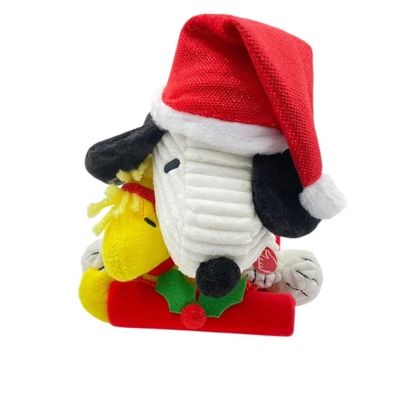 Snoopy & Woodstock Christmas Plush Sledding Holiday Peanuts Santa Hat Sled Works