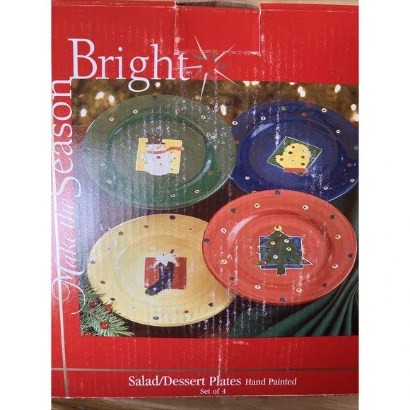 Make the‎ Season Bright 4 Hand Painted Salad/Dessert Plates Mitten tree Snowman