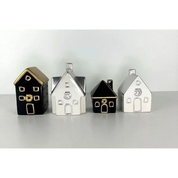 Becki Owens Ceramic Christmas Village Houses Decor Set Of‎ 4  Black White Gold