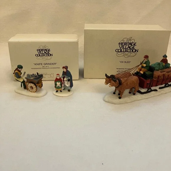 Dept 56 Heritage Village Collection Knife‎ Grinder & Ox Sled Set 5649-9 5951-0