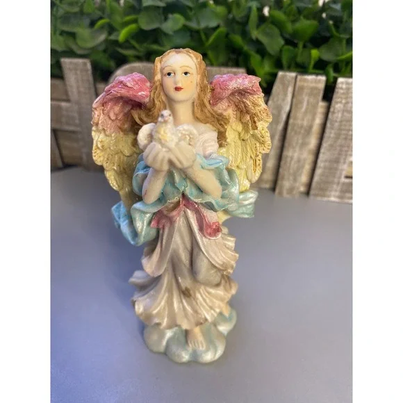 Angel Figurine‎ Holding Dove White Blue Pink Wings Statue
