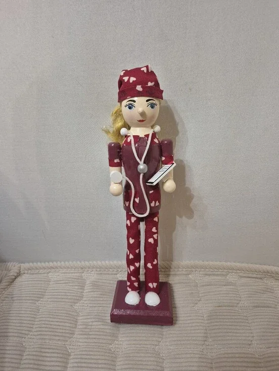 Red Heart Pattern Nurse Nutcracker Doll