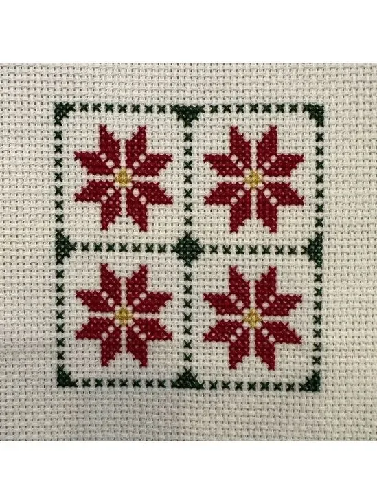 Poinsettias in a windowframe design Completed Vtg Crosstitch needlework panel