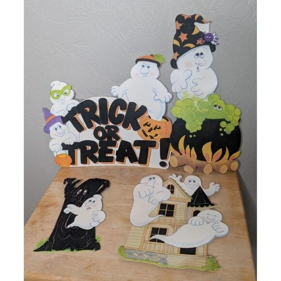 Vintage Halloween Die Cut Decorations Flocked Ghost Haunted House Lot Of 4