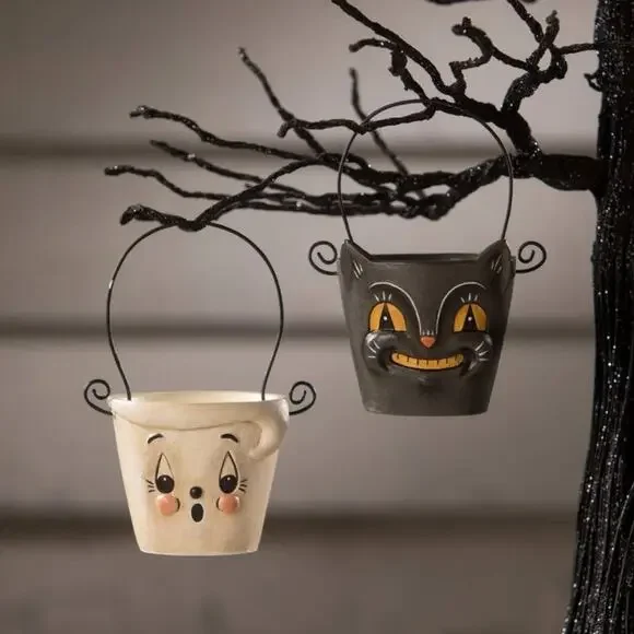 Bethany Lowe Johanna Parker 2 Boo & Cat Teeny Halloweenie Pail Ornaments NEW