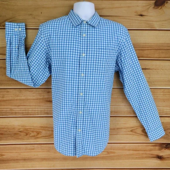 Banana Republic Soft Wash‎ Dress Shirt Mens Size L Light Blue Checks 100% Cotton
