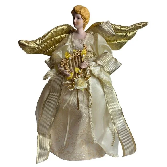 Vintage Porcelain Christmas Tree Topper Angel Gold Wings Harp 16” Ivory Decor