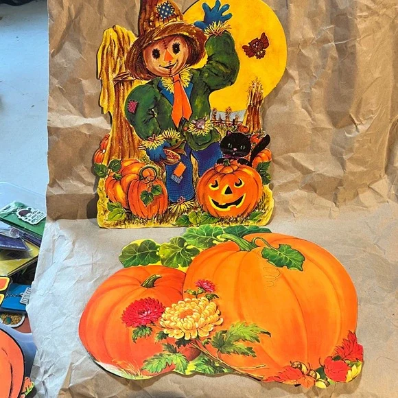 Vintage Halloween Die Cut Decorations Scarecrow Pumpkin Cat Orange Fall Lot 2pc