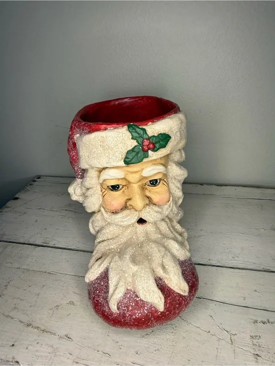 RAZ Imports Large Paper Mache Santa Face Glitter Boot 7.5” Hand Painted