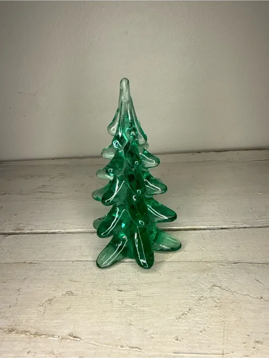 Vintage Art Glass Heavy Green Glass Pine Christmas Tree, MCM Decor, Holiday