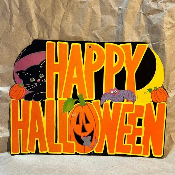 Large Happy Halloween Die Cut Sign Orange Black Cat Bat Pumpkin Retro