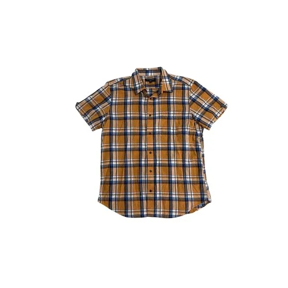 Banana Republic Shirt Mens Large Orange‎ Plaid Short Sleeve Slim Fit Casual