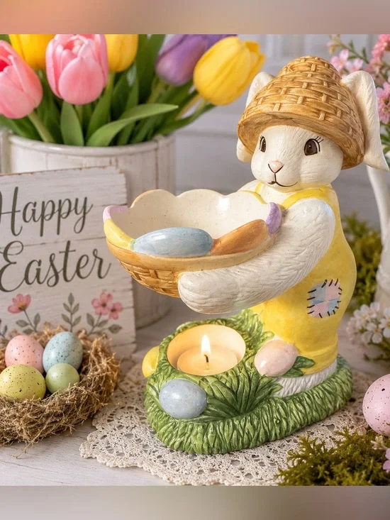 Laurie Korsgaden Watercolors Easter Bunny Tealight Candle Holder Candy Dish 7.5”