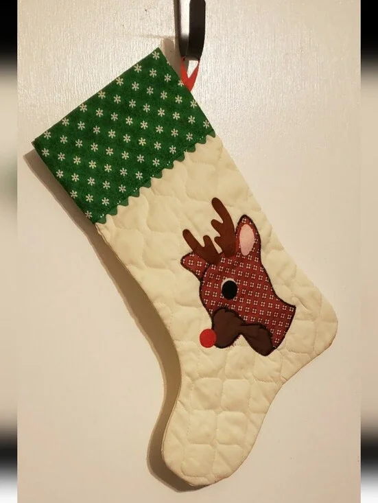 Vintage Handmade Quilted Reindeer Stocking