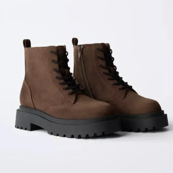 Zara Girls Brown Lace-Up Faux Suede Ankle Boots Sz-33/2