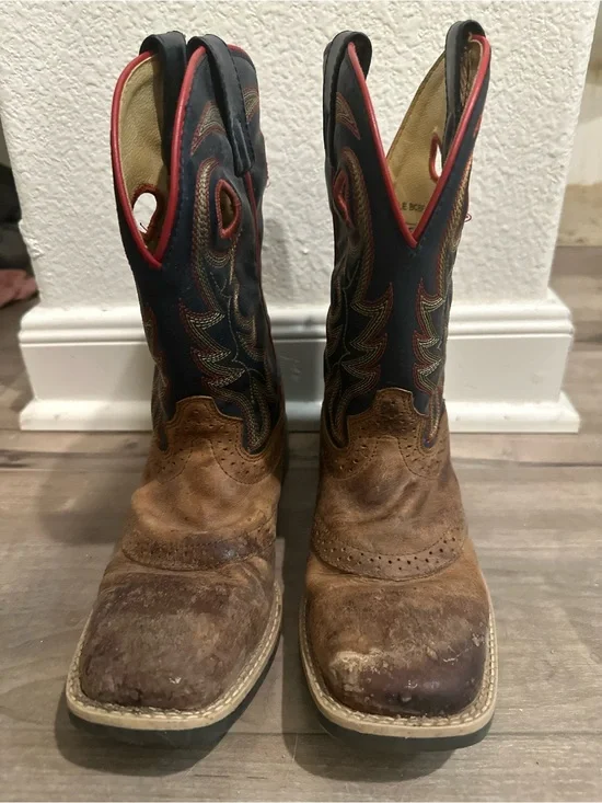 Kids Cody James Brown Leather Western Pull-On Boots with Navy Shaft and Red Trim