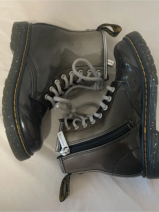 Dr. Martens Black Patent Kids Lace-Up Ankle Boots with Side Zipper